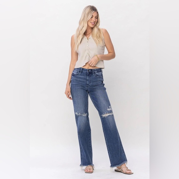 Judy Blue High Waist W/ Knee Destroy Straight Denim Jeans 82498 size 13/31 - Picture 6 of 9